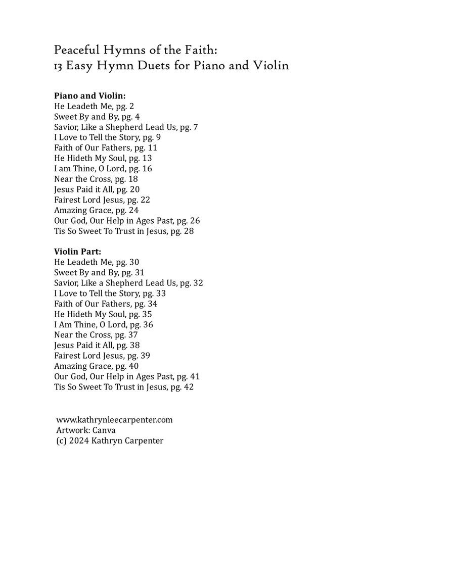 Peaceful Hymns of the Faith: 13 Easy Hymn Duets for Piano and Violin String Duet scores gallery preview page 1