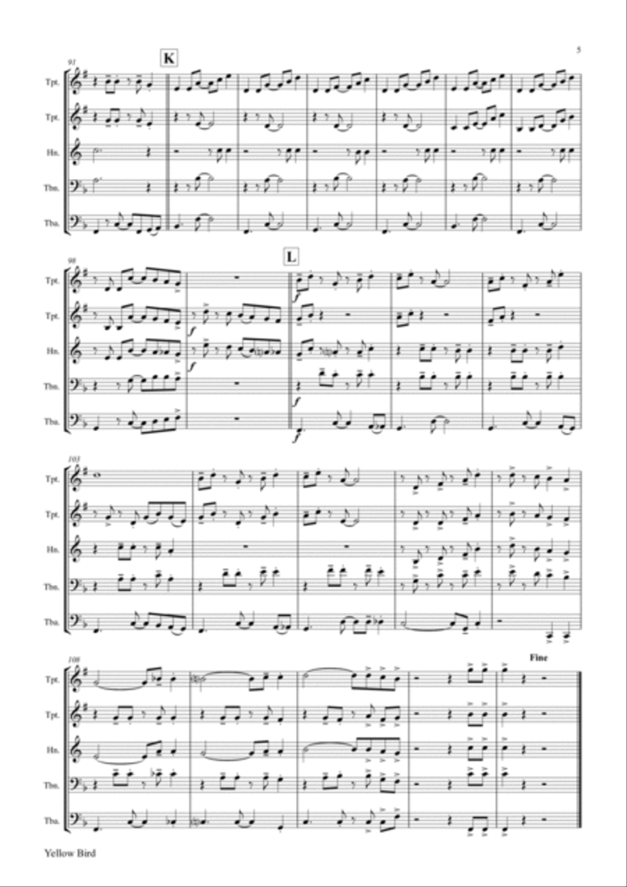 Yellow Bird - Haitian Folk Song - Calypso - Brass Quintet Brass Quintet scores gallery preview page 6