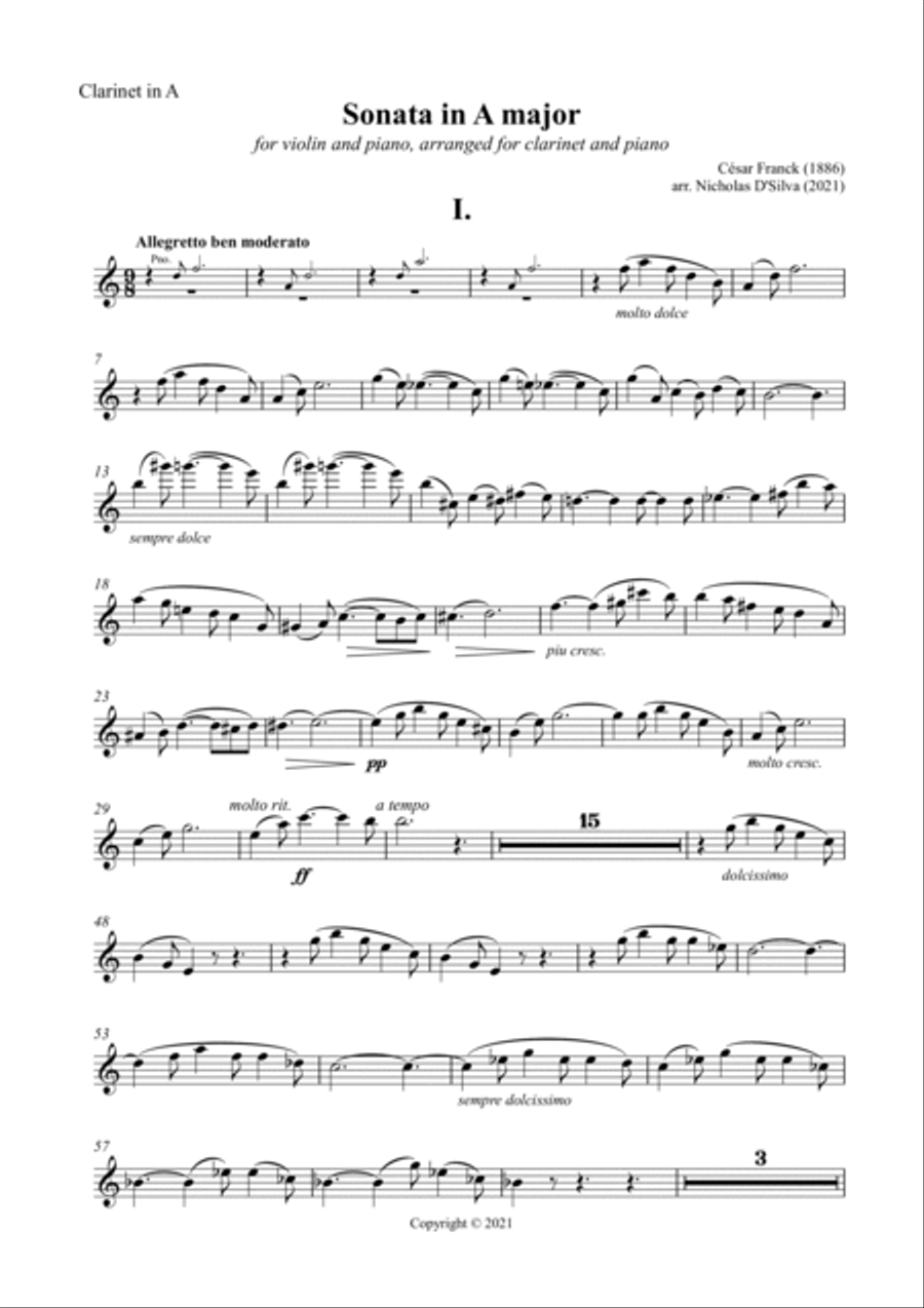 C. Franck - Violin Sonata in A major arranged for clarinet and piano (Solo Part Only) A Clarinet scores gallery preview page 3