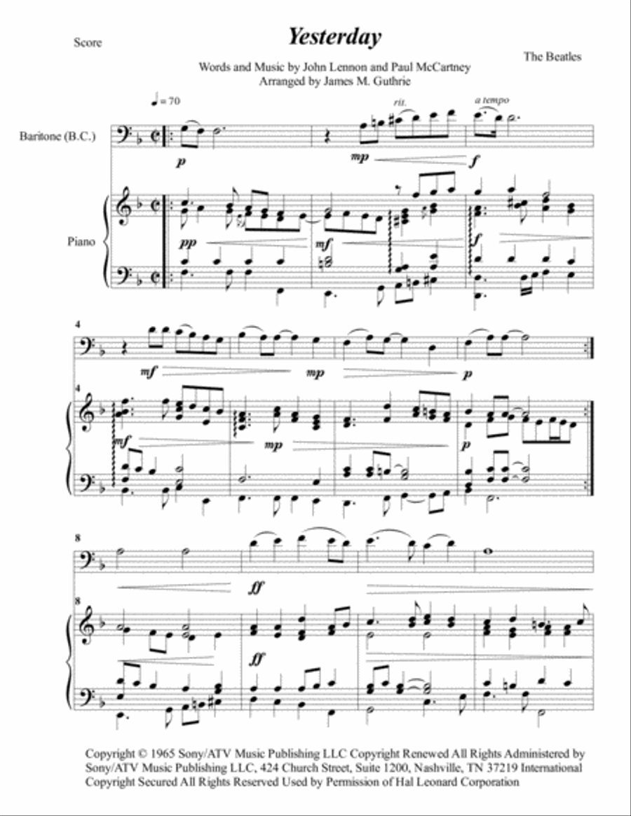 Yesterday Baritone Horn BC scores gallery preview page 1