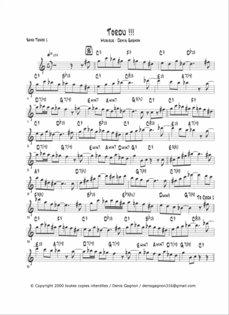 Tordu (pour saxo. Alto - Ténor 1 et 2, - Baryton - guitare- contrebasse et batterie - Score Only Jazz Ensemble scores gallery preview page 3