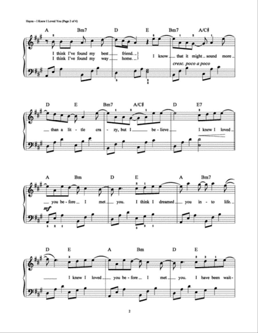 I Knew I Loved You Easy Piano scores gallery preview page 2