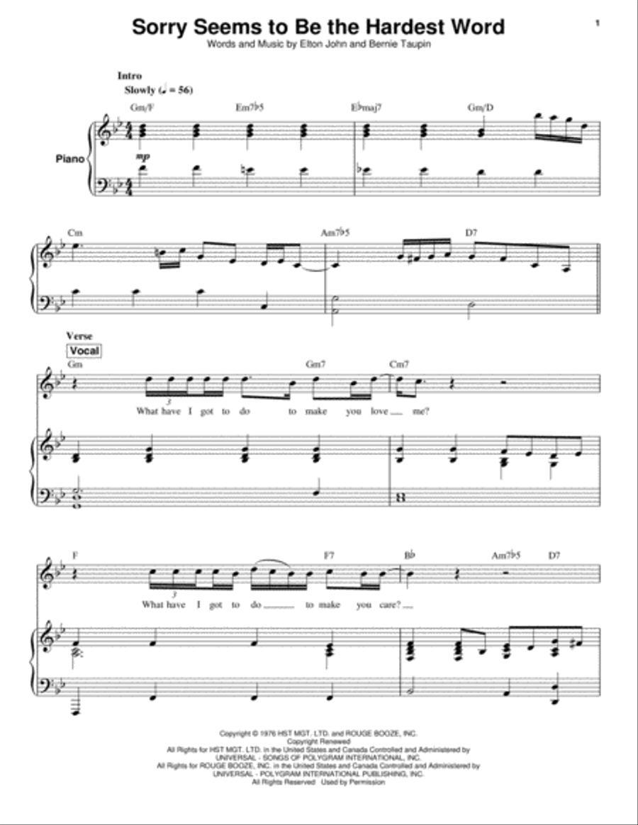 Sorry Seems To Be The Hardest Word Piano scores gallery preview page 1