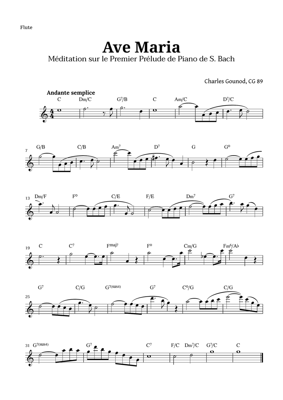 Ave Maria by Gounod for Flute with Chords Flute Solo scores gallery preview page 1