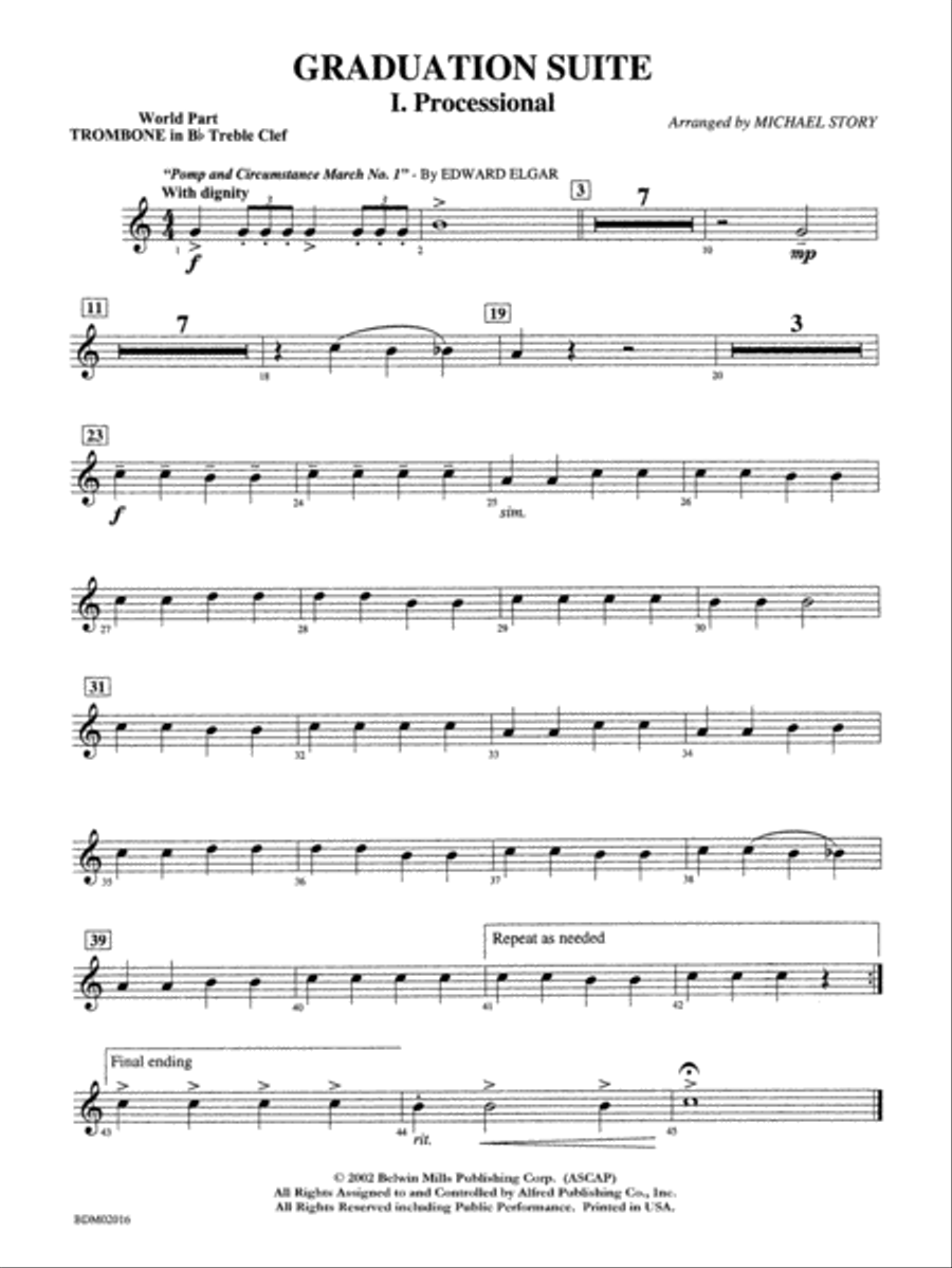 Graduation Suite (Processional: Pomp and Circumstance March No. 1 / Recessional: Rondeau from Premiere Suite): WP 1st B-flat Trombone T.C. Concert Band scores gallery preview page 1