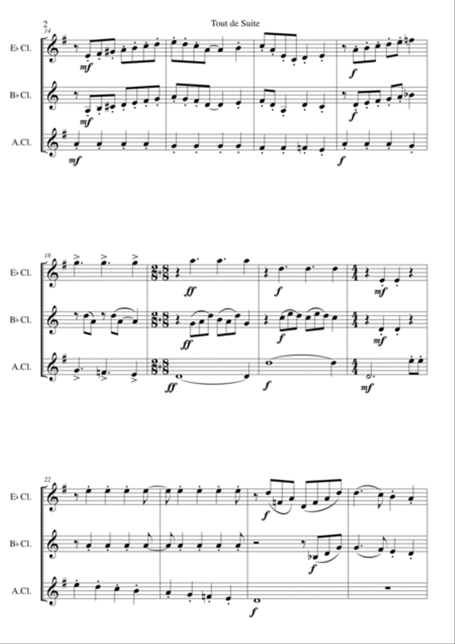 Tout de Suite (or Toot Sweet) for clarinet trio (E flat, B flat and Alto clarinet) Clarinet Trio scores gallery preview page 2
