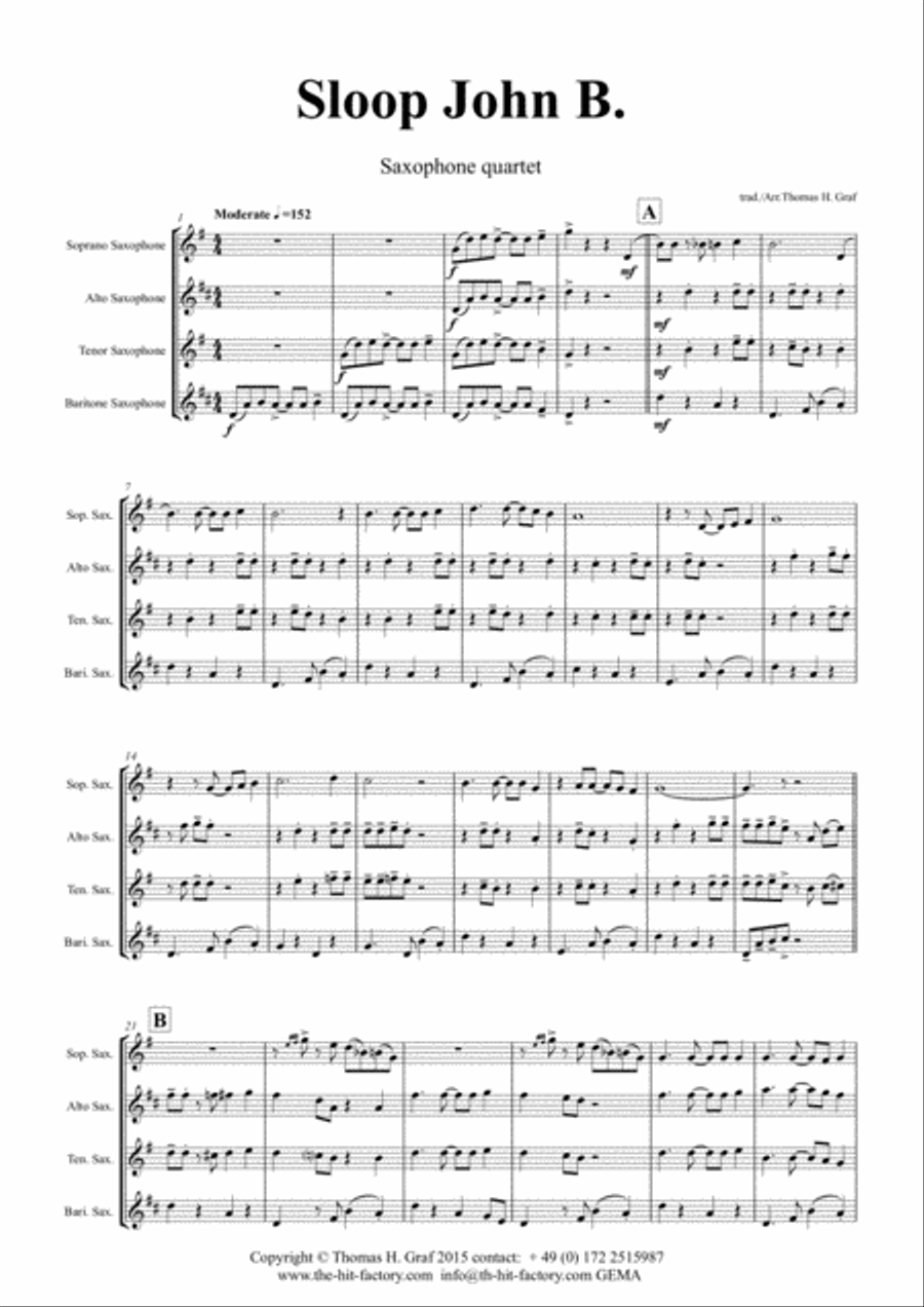 Sloop John B. - Caribian Folk Song - Saxophone Quartet Saxophone Quartet scores gallery preview page 1