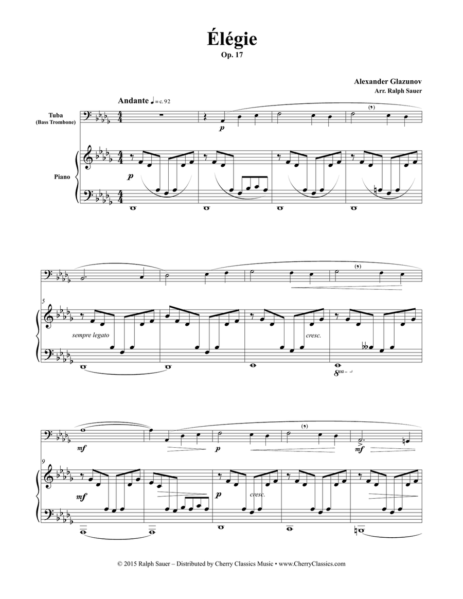 Élégie Opus 17 for Tuba or Bass Trombone & Piano Bass Trombone scores gallery preview page 2