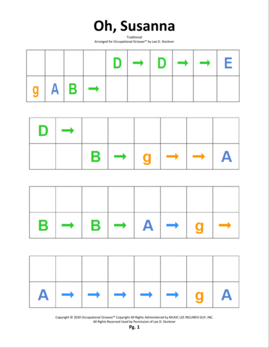 Occupational Octaves Piano™ Supplement 1.1C (Hickory Dickory Dock and Oh, Susanna) Piano Solo scores gallery preview page 4