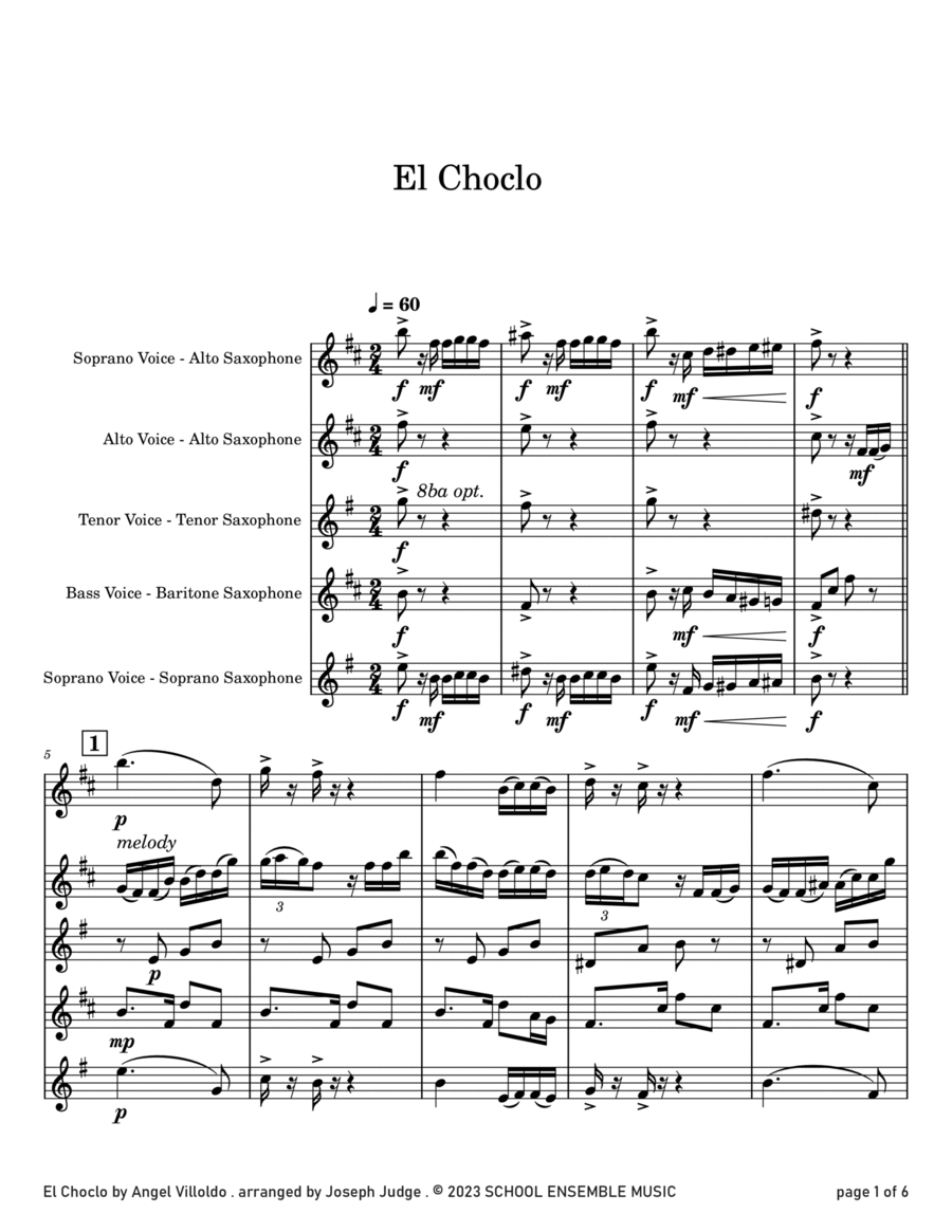 El Choclo by Villoldo for Saxophone Quartet in Schools Saxophone Quartet scores gallery preview page 1