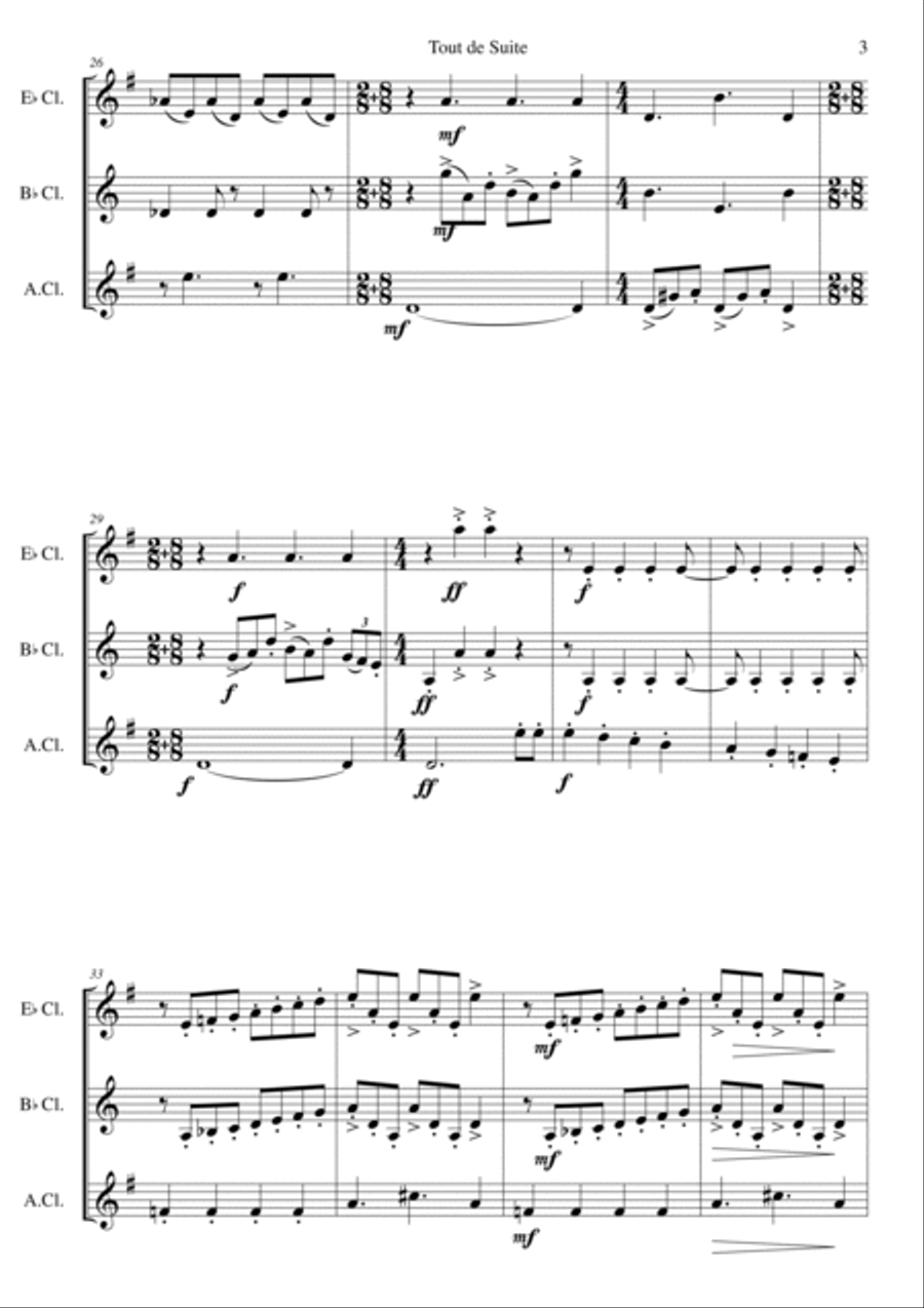 Tout de Suite (or Toot Sweet) for clarinet trio (E flat, B flat and Alto clarinet) Clarinet Trio scores gallery preview page 3