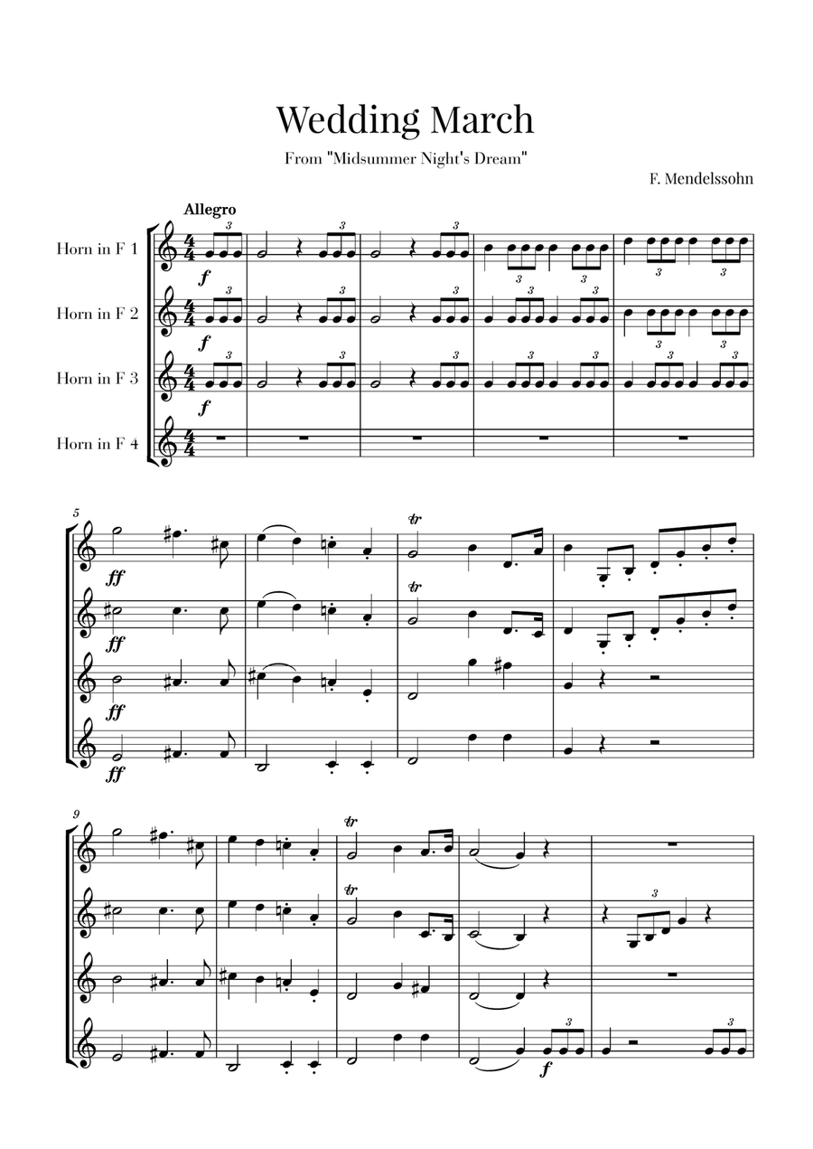 Wedding March for French Horn Quartet - Mendelssohn French Horn Quartet scores gallery preview page 1