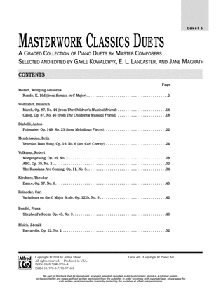 Book cover for Masterwork Classics Duets, Level 5: A Graded Collection of Piano Duets by Master Composers