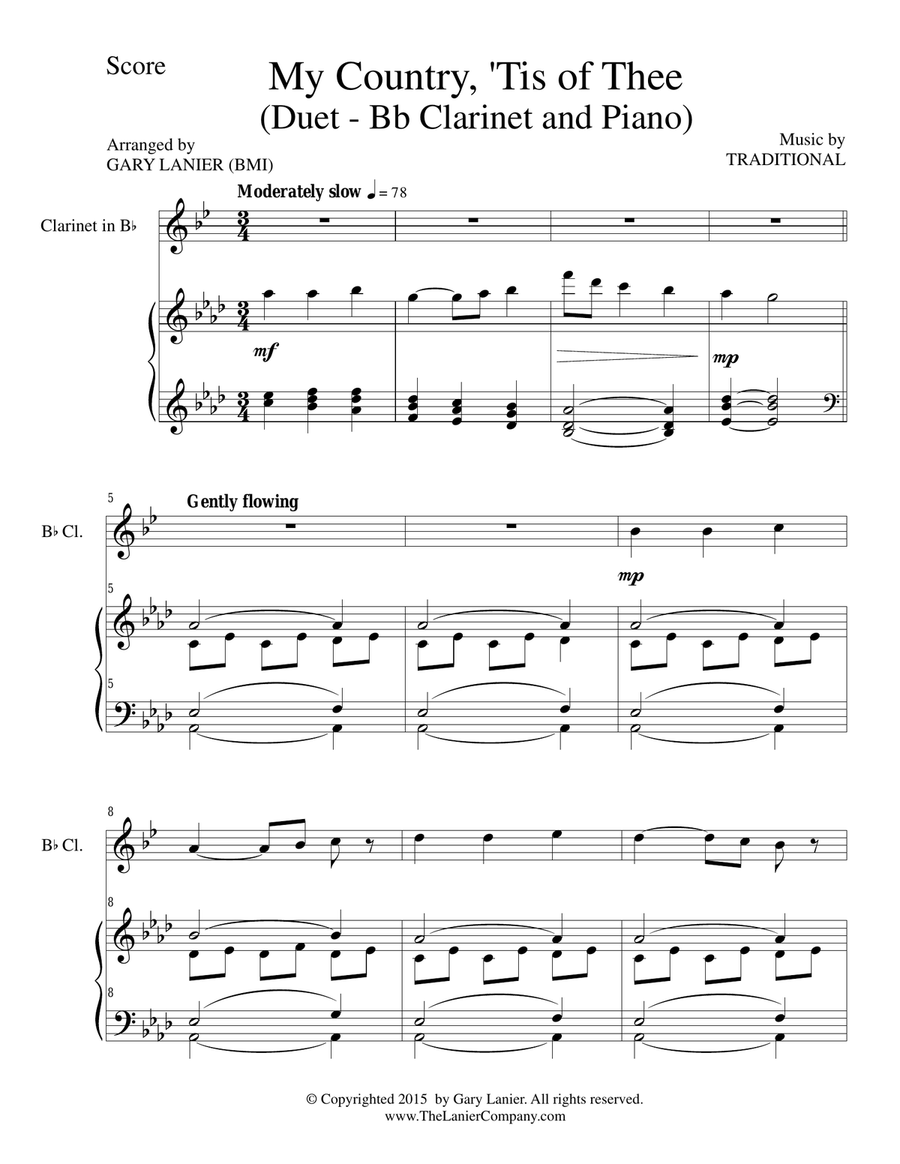 MY COUNTRY, ‘TIS OF THEE (Duet – Bb Clarinet and Piano/Score and Parts) Woodwind Duet scores gallery preview page 2