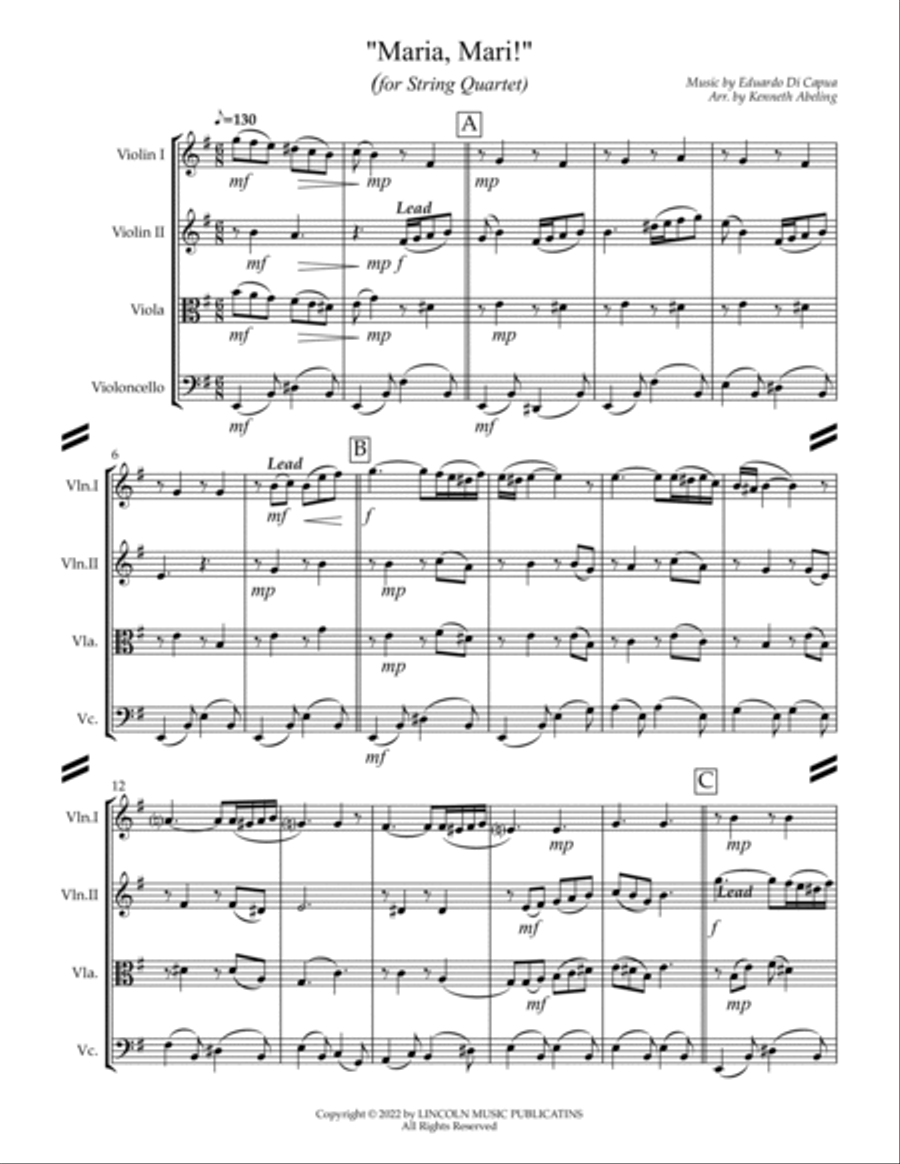 Maria, Mari! (Oh Marie) for String Quartet) String Quartet scores gallery preview page 2