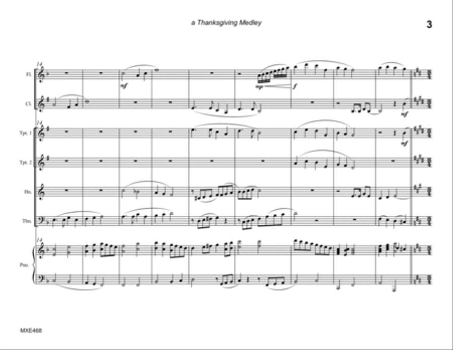 THANKSGIVING MEDLEY (4 hymn medley) - MIXED ENSEMBLE (Flute, Clarinet, 2 Trumpets, Horn & Trombone) Large Ensemble scores gallery preview page 3