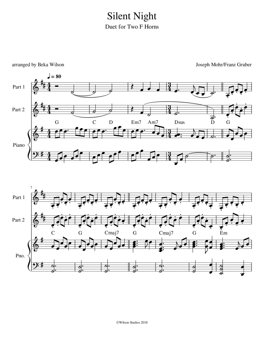 Silent Night--duet for F horn Brass Duet scores gallery preview page 1