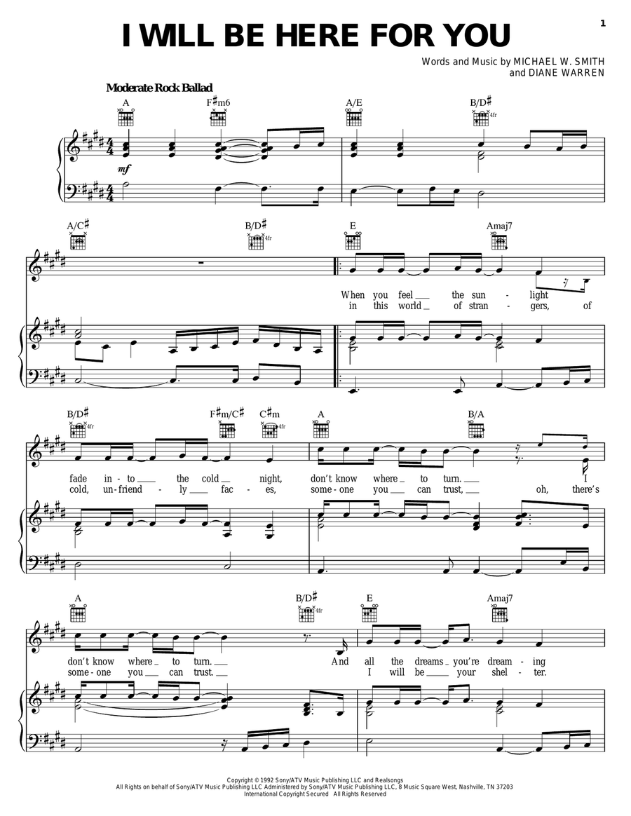 I Will Be Here For You Piano, Vocal, Guitar scores gallery preview page 1