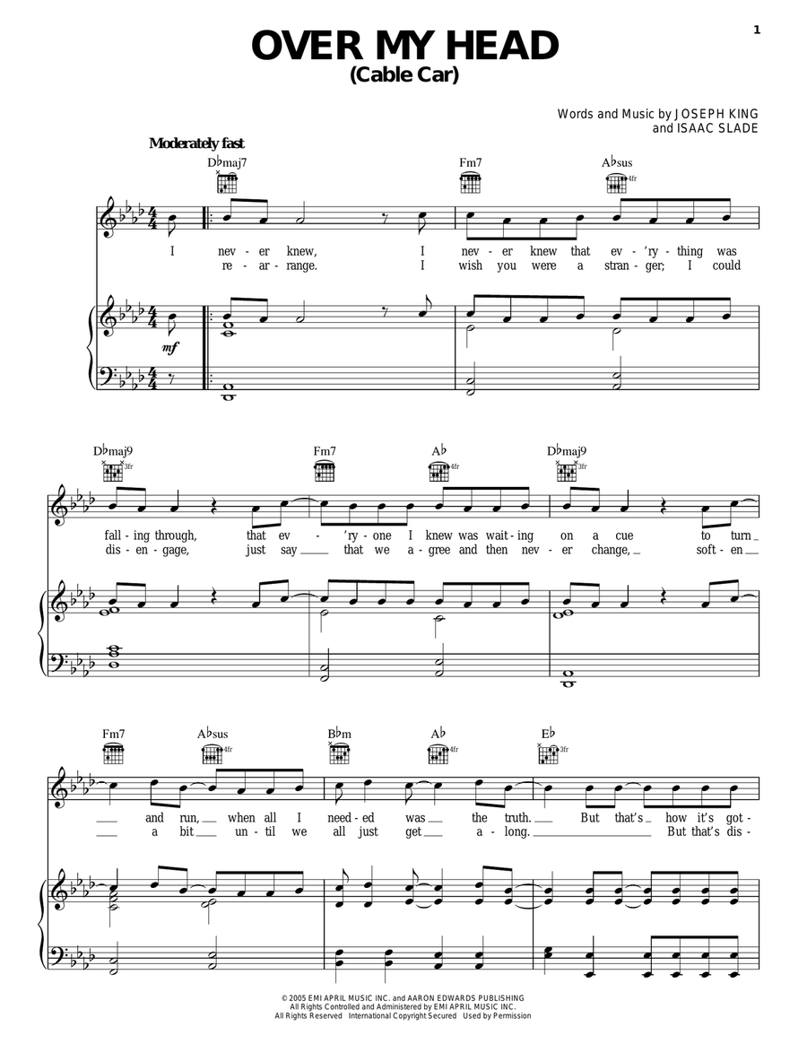 Over My Head (Cable Car) Piano, Vocal, Guitar scores gallery preview page 1