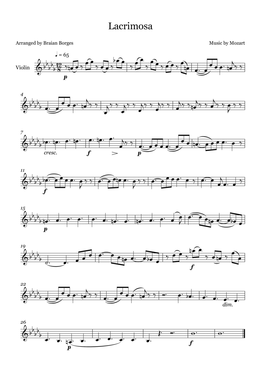 Lacrimosa in E Major - For Violin Violin Solo scores gallery preview page 1