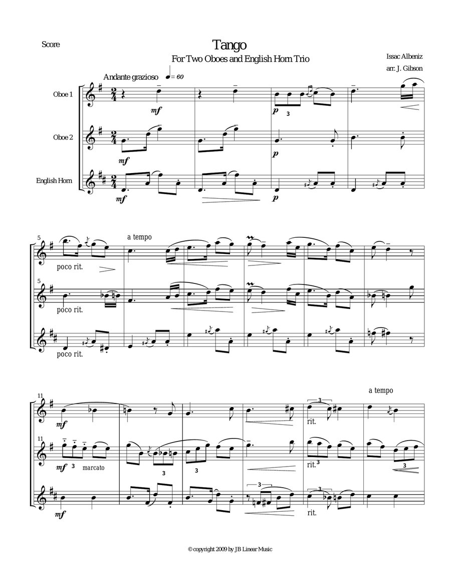 Tango for 2 Oboes and English Horn by Albeniz - Score Only