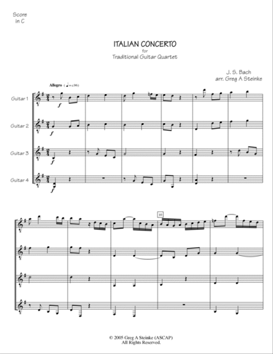 Bach ITALIAN CONCERTO arr. For trad. Guitar Quartet Guitar Ensemble scores gallery preview page 5