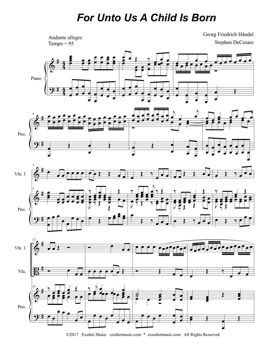 For Unto Us A Child Is Born (String Quartet and Piano) String Quartet scores gallery preview page 1