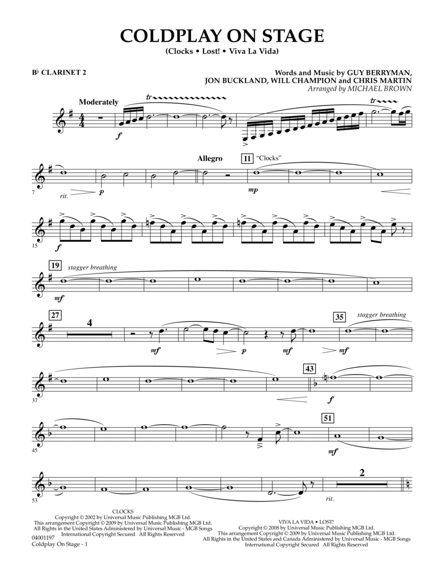 Coldplay on Stage - Bb Clarinet 2 Concert Band scores gallery preview page 1