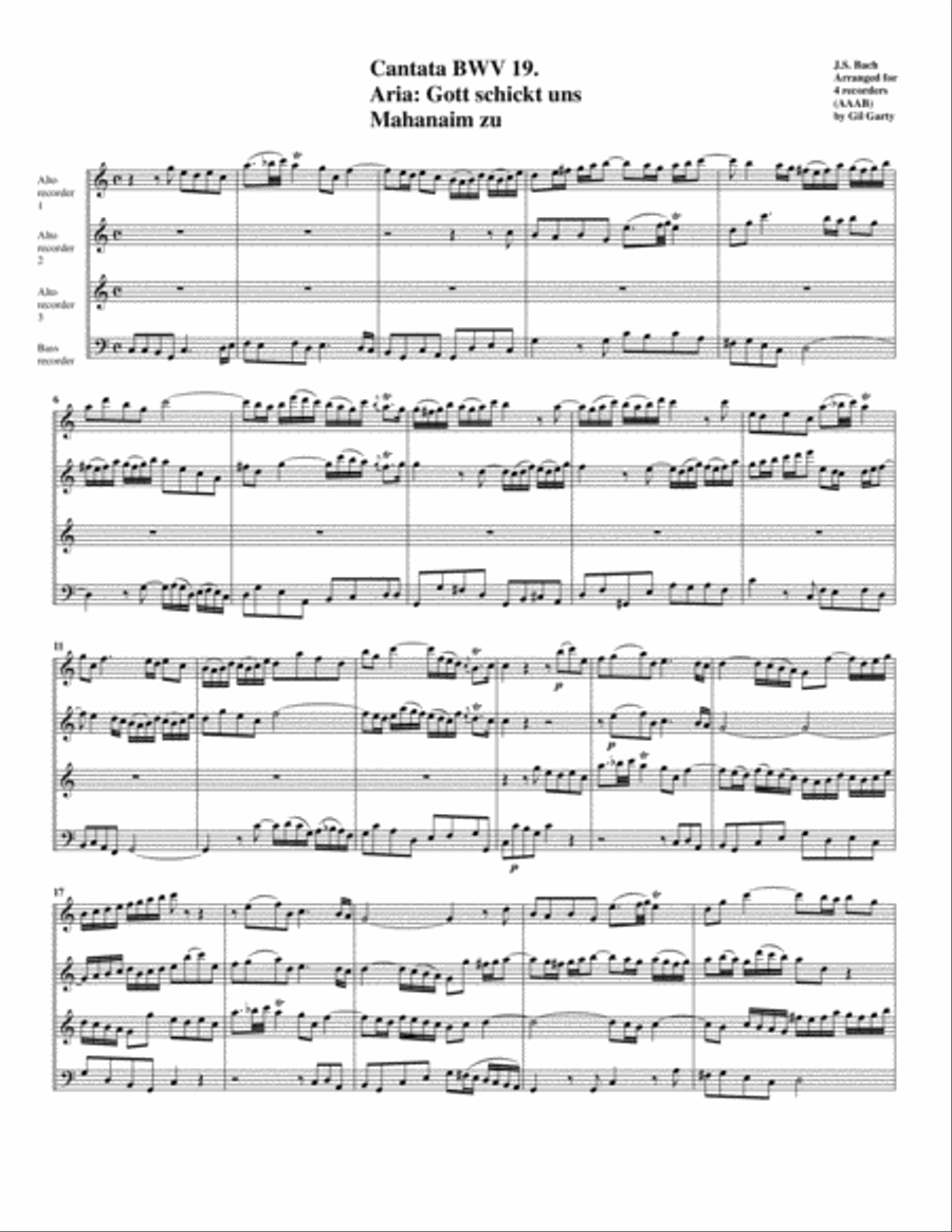 Aria: Gott schickt uns Mahanaim zu from Cantata BWV 19 (arrangement for 4 recorders) Recorder scores gallery preview page 1