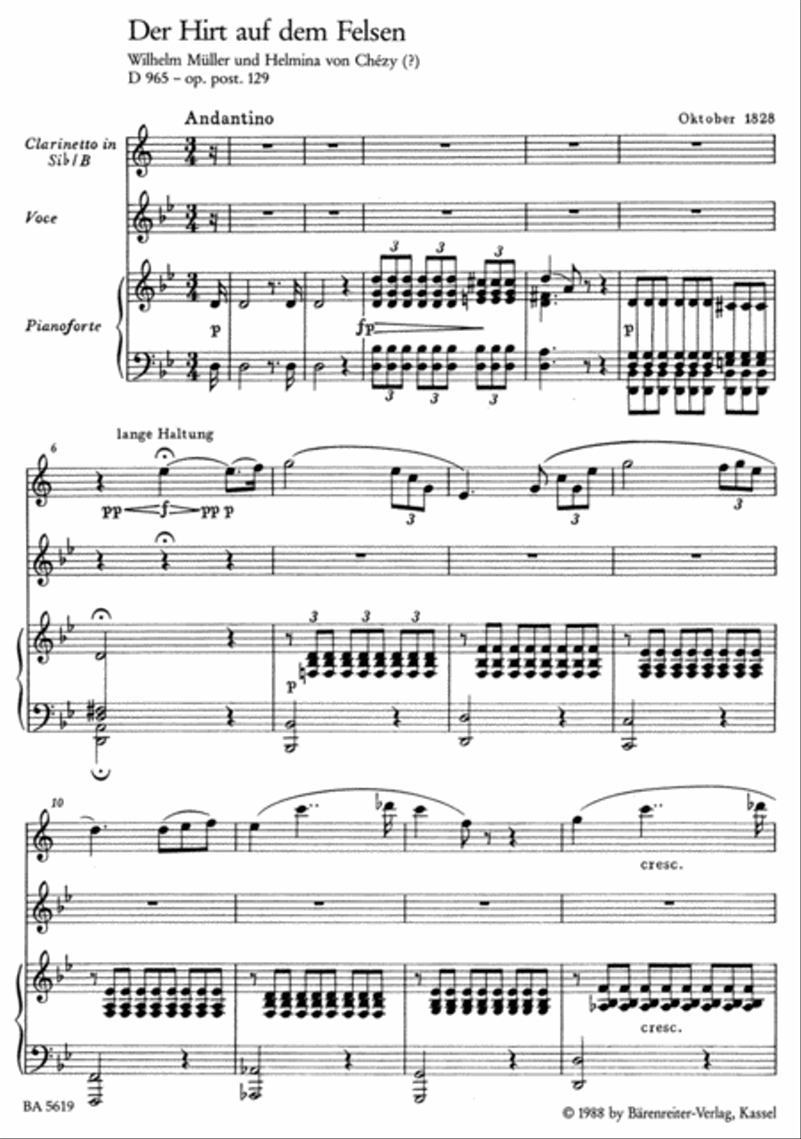 The Shepherd on the Rock for Voice, Clarinet and Piano, op. post. 129 D 965 B-Flat Clarinet scores gallery preview page 2