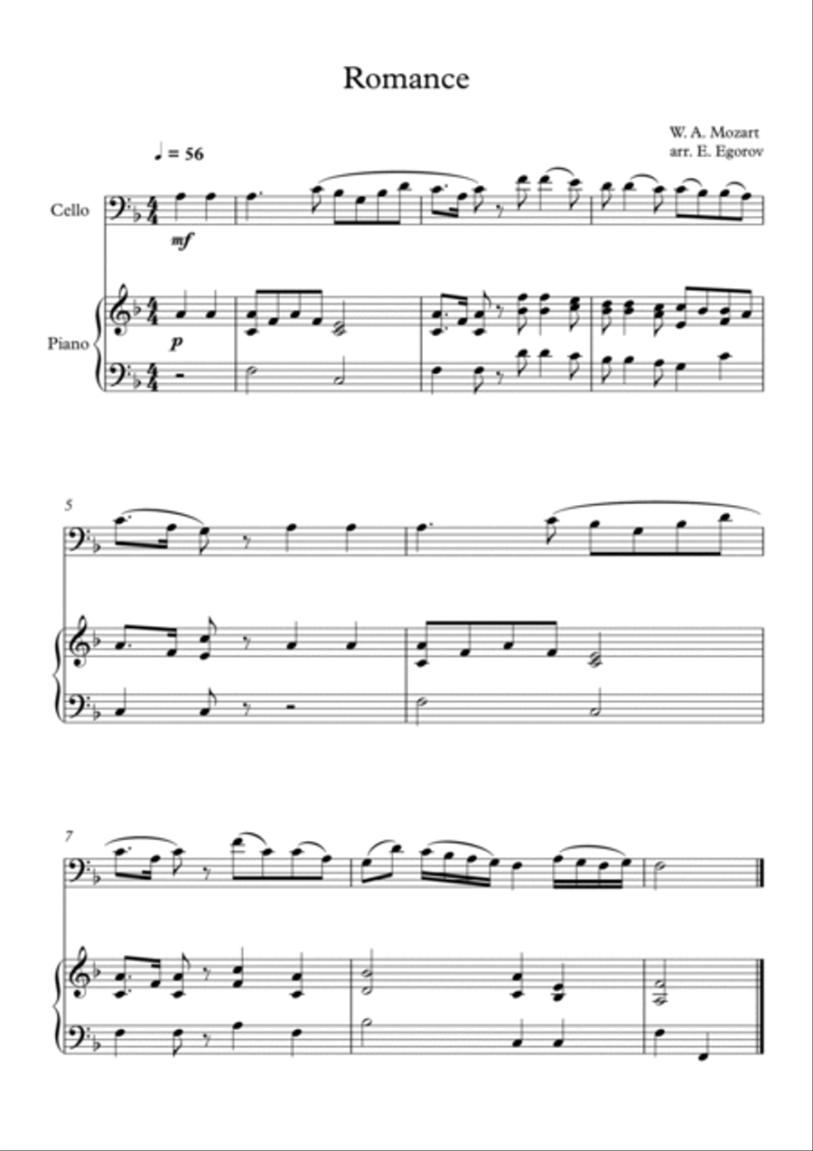 Romance, Wolfgang Amadeus Mozart, For Cello & Piano Piano scores gallery preview page 1