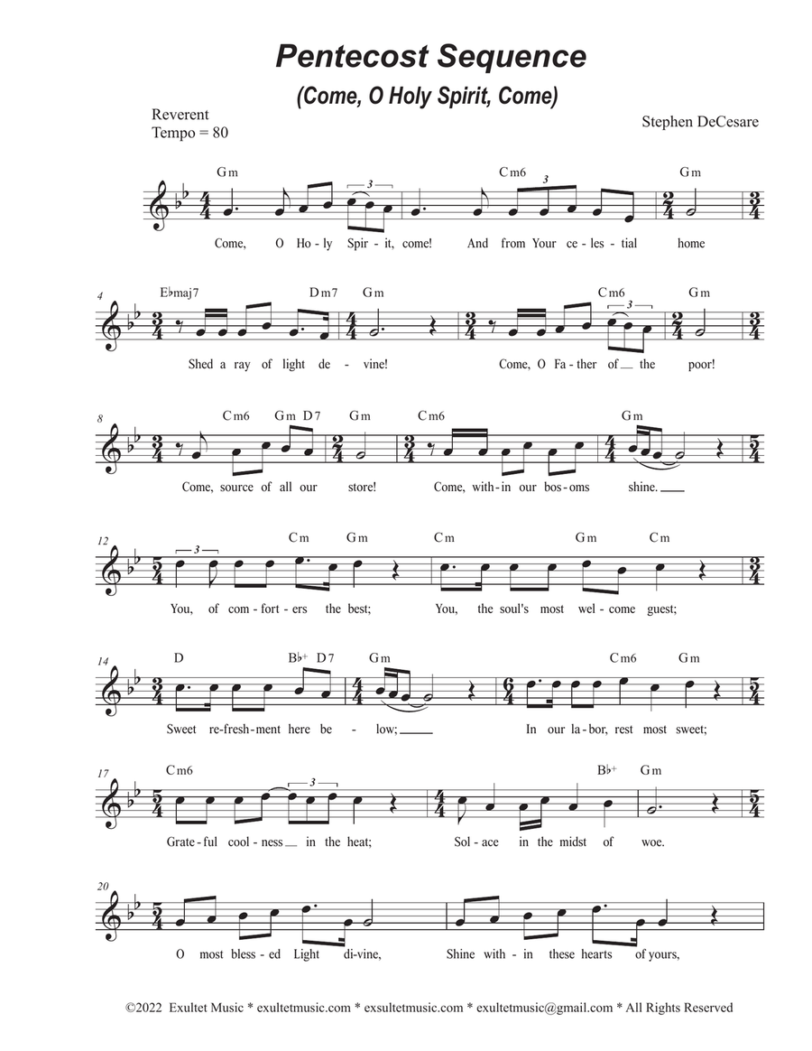 Pentecost Sequence (Come, O Holy Spirit, Come) (Unison choir - High Key) Unison Choir scores gallery preview page 1