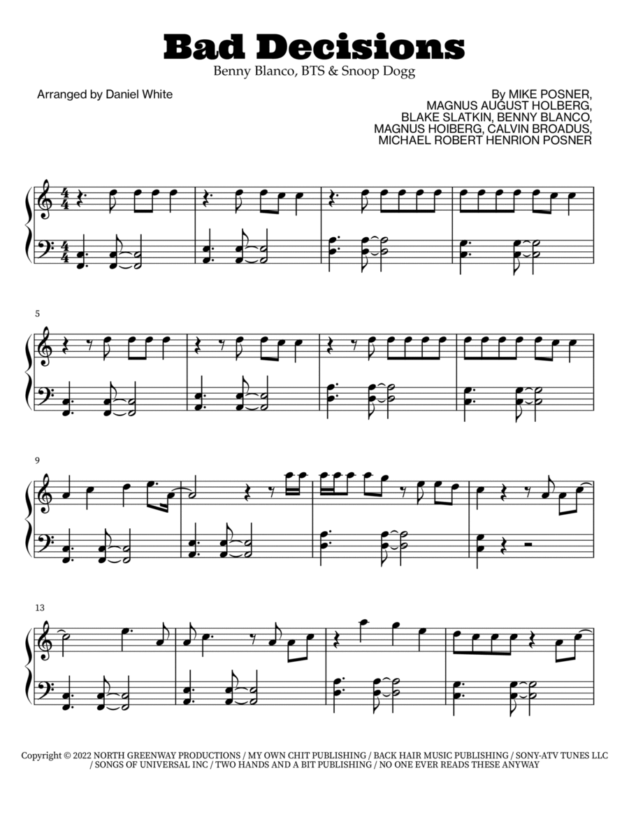 Bad Decisions Piano Solo scores gallery preview page 1