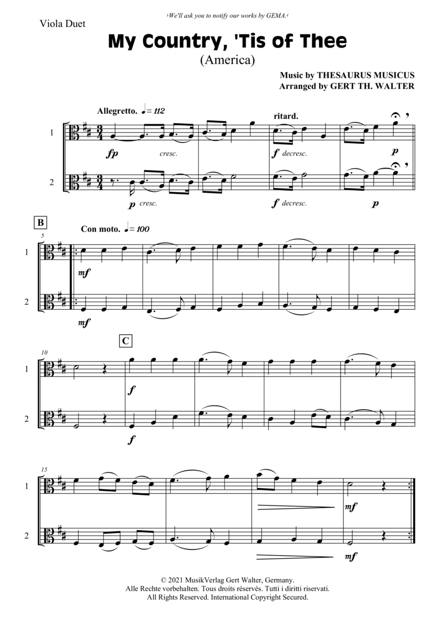 My Country, 'Tis Of Thee (America) String Duet scores gallery preview page 1