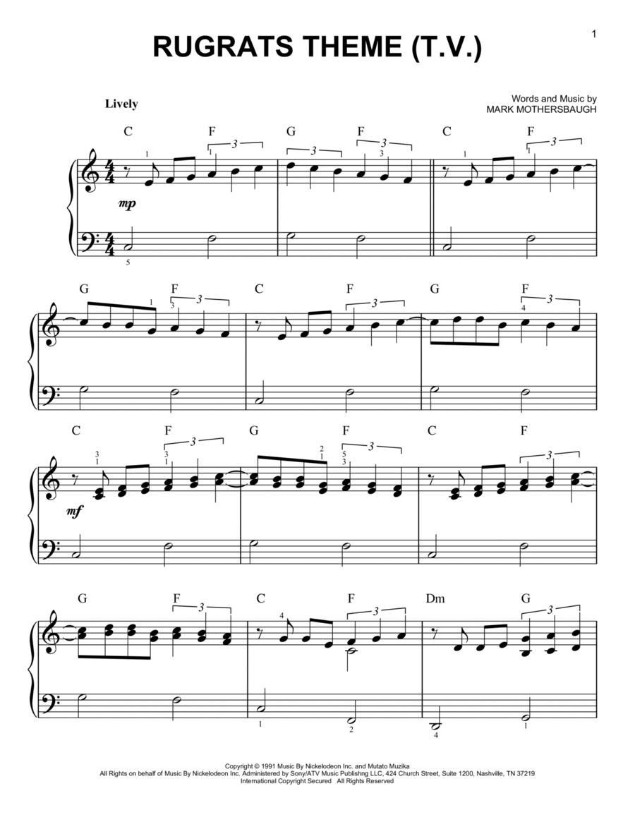 Rugrats Theme Easy Piano scores gallery preview page 1