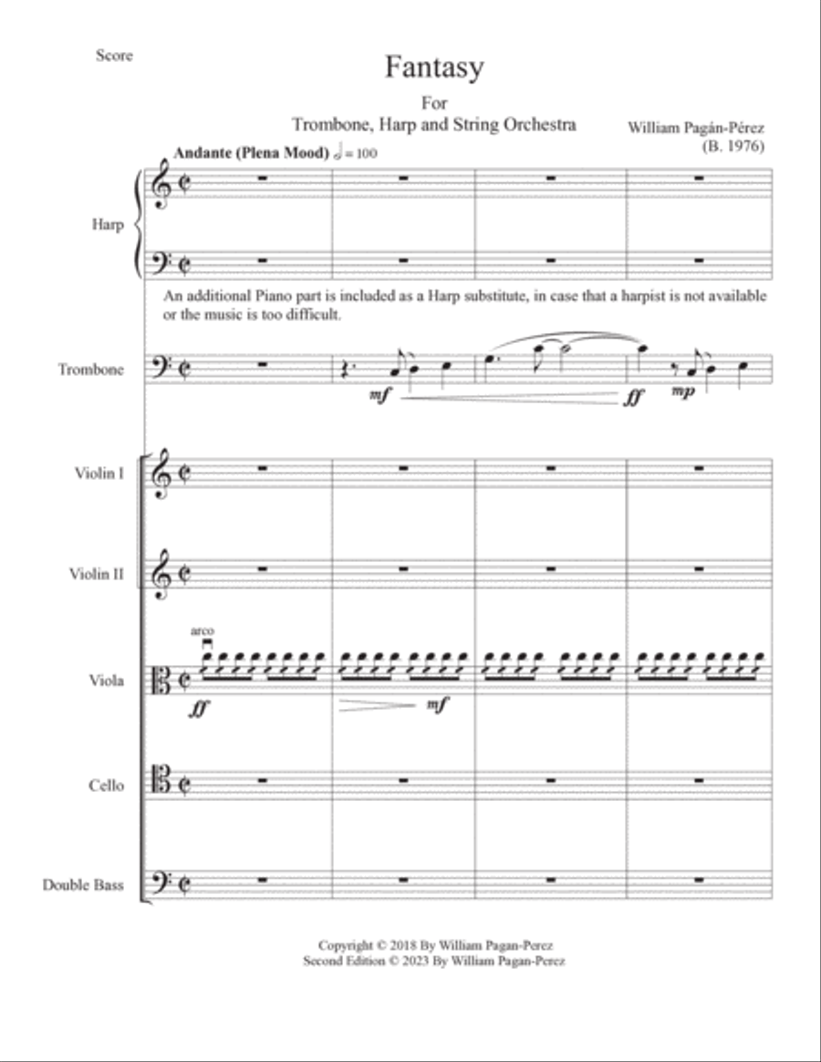 Fantasy for trombone solo, harp and string orchestra String Orchestra scores gallery preview page 2