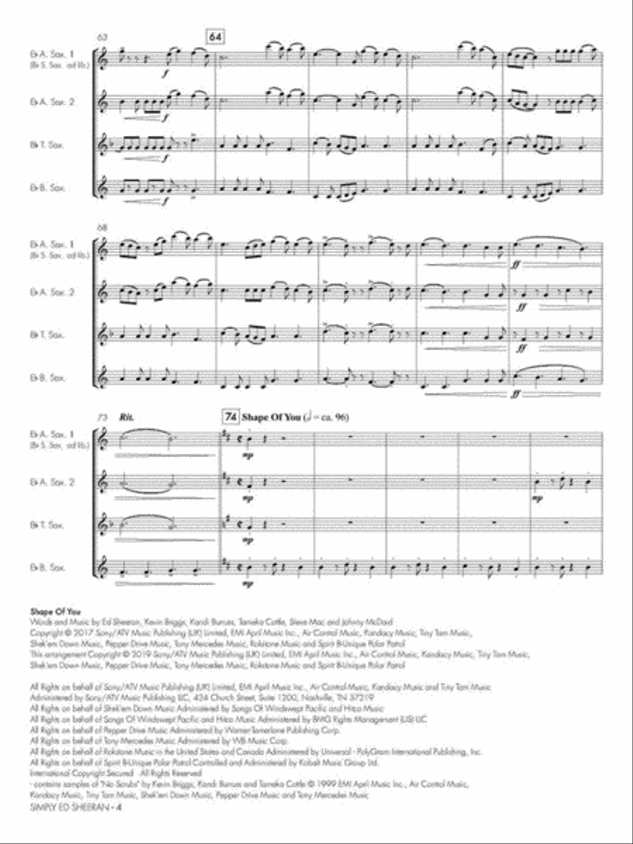 Simply Ed Sheeran Saxophone Quartet scores gallery preview page 5
