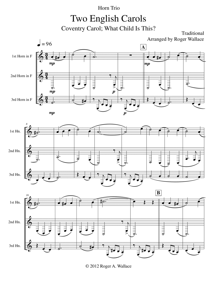 Two English Carols (Coventry Carol; What Child Is This?) - Horn Trio Brass Trio scores gallery preview page 1
