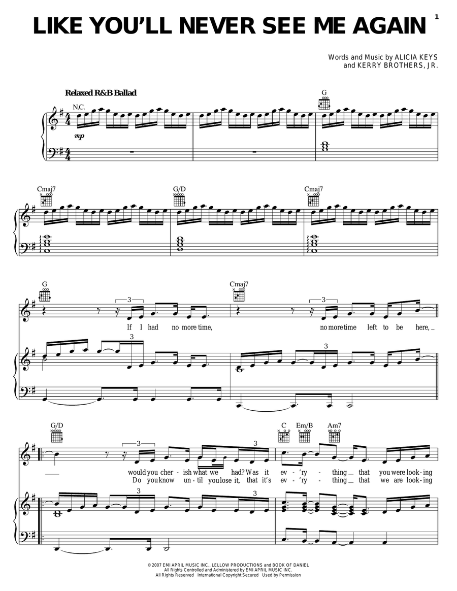 Like You'll Never See Me Again Piano, Vocal, Guitar scores gallery preview page 1