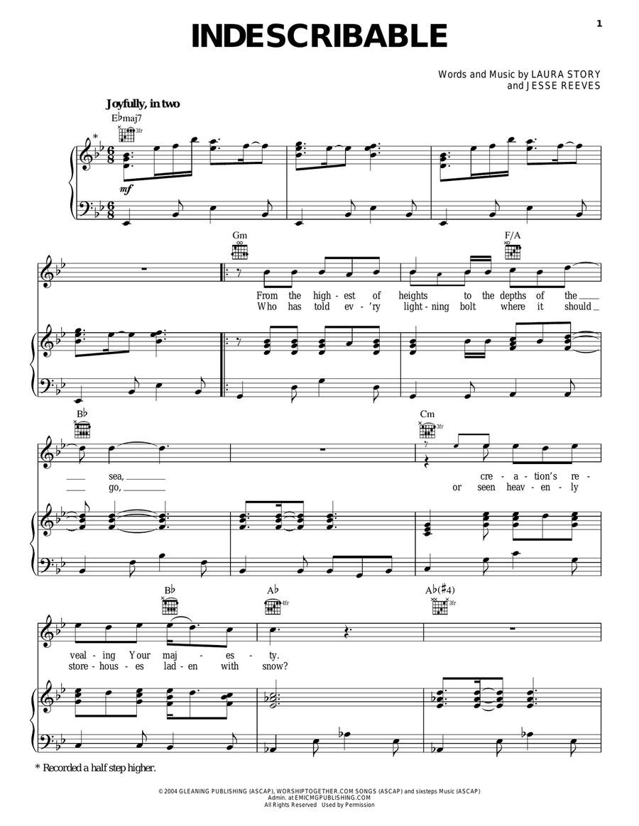 Indescribable Piano, Vocal, Guitar scores gallery preview page 1