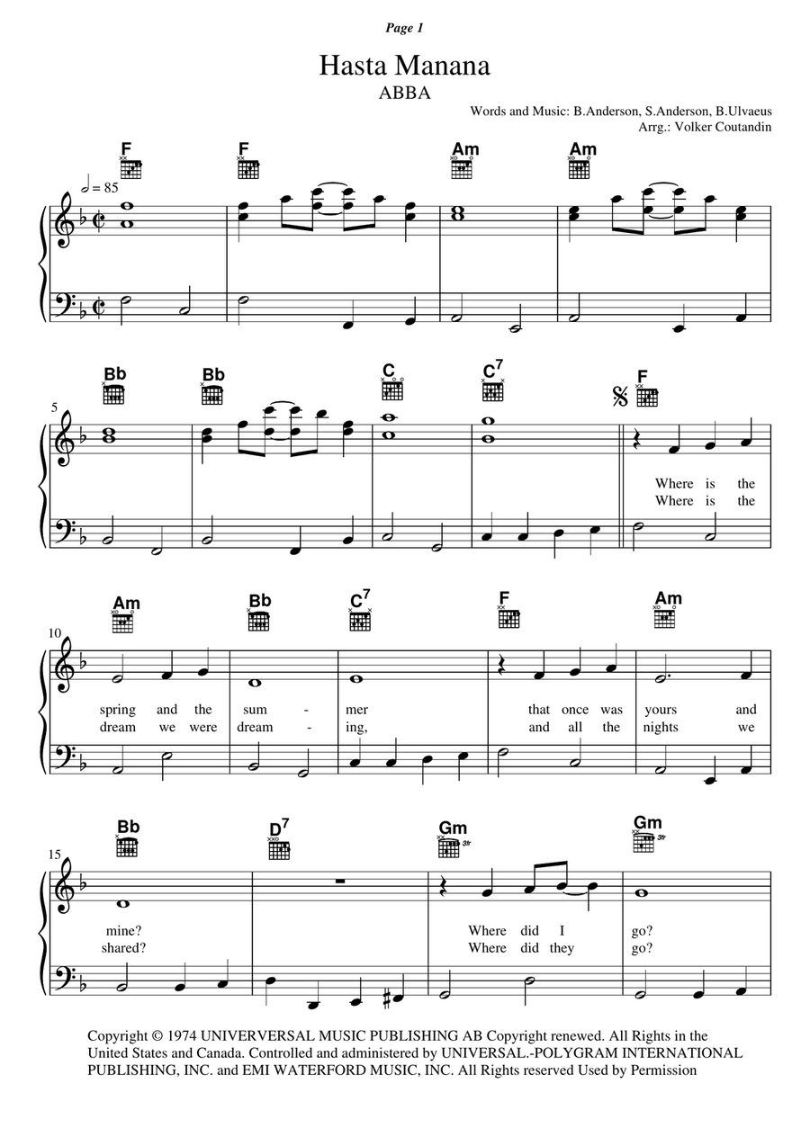 Hasta Manana Piano, Vocal, Guitar scores gallery preview page 1