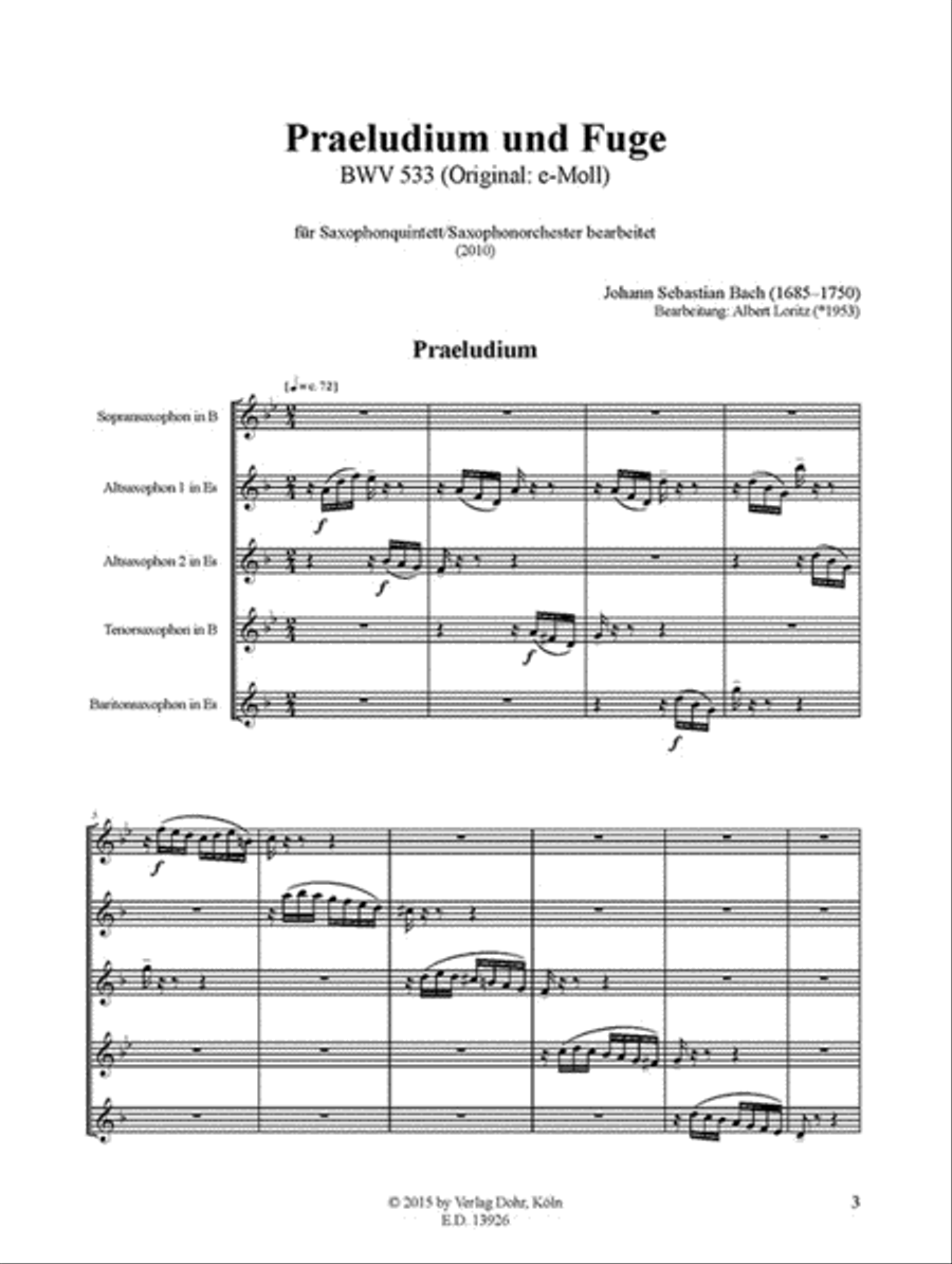 Praeludium und Fuge BWV 533 (für Saxophonquintett/Saxophonorchester) Saxophone Quintet scores gallery preview page 2