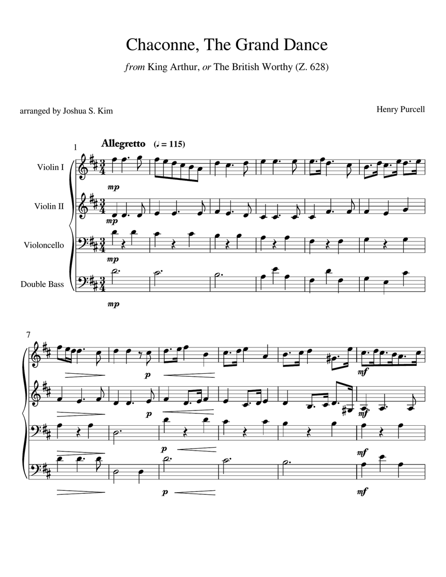 Chaconne from King Arthur for String Quartet (2 violins, cello and double bass) String Quartet scores gallery preview page 2
