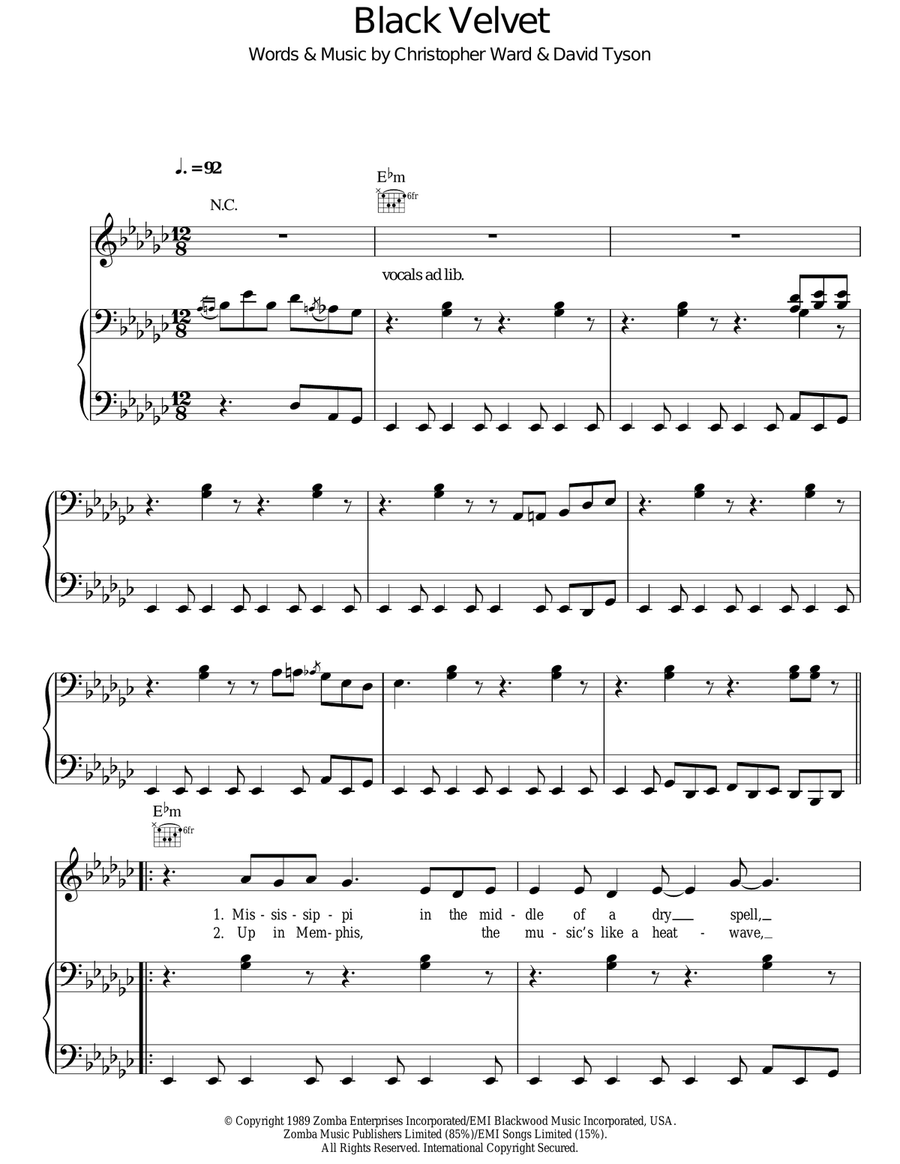 Black Velvet Piano, Vocal, Guitar scores gallery preview page 1