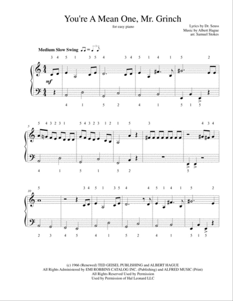 You're A Mean One, Mr. Grinch Easy Piano scores gallery preview page 1