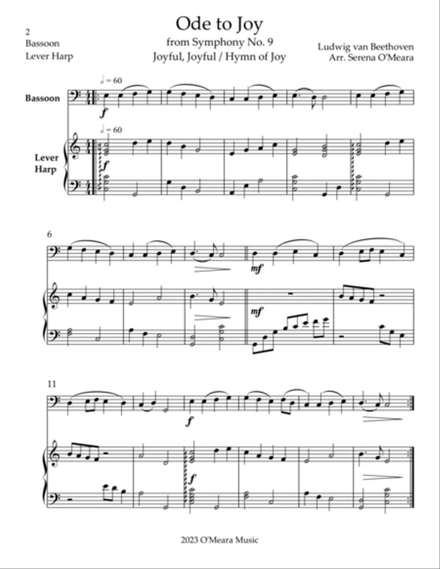 Ode to Joy, Duet for Bassoon & Lever Harp Bassoon scores gallery preview page 2