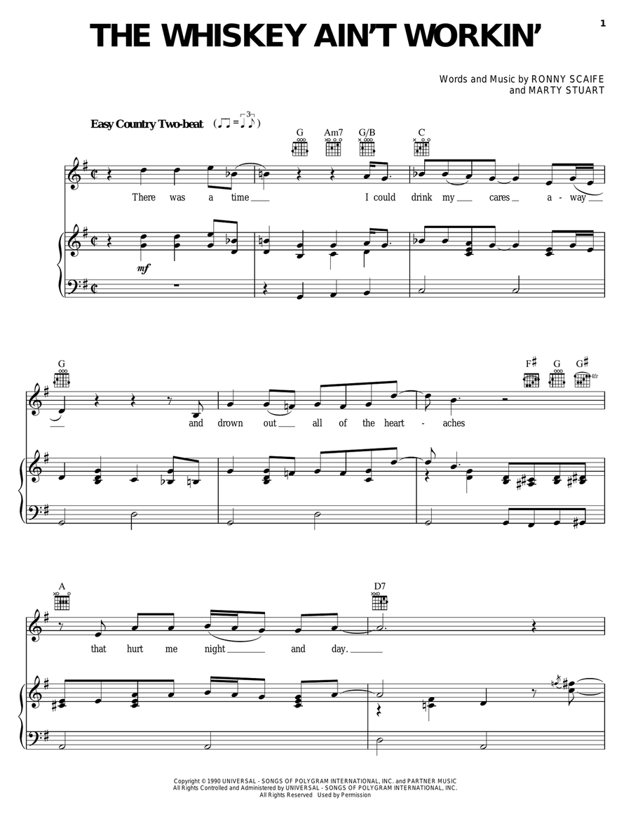 The Whiskey Ain't Workin' Piano, Vocal, Guitar scores gallery preview page 1