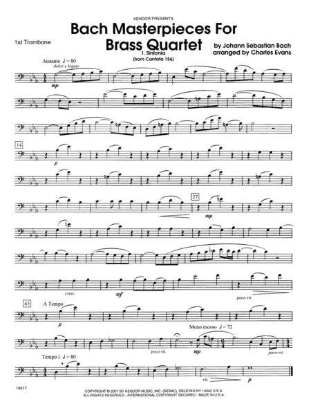 Bach Masterpieces For Brass Quartet - 1st Trombone