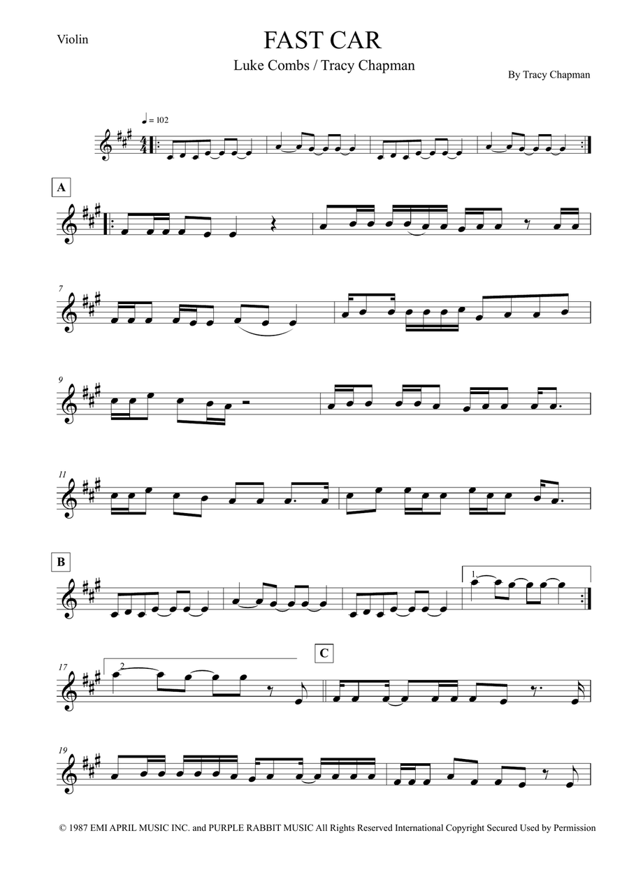 Fast Car Violin Solo scores gallery preview page 1
