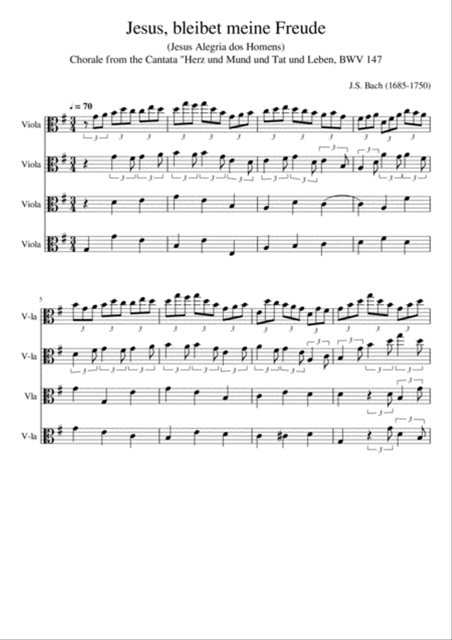 Bach Jesus bleibet meine Freude Jesus Alegria dos Homens for four violas Chamber Orchestra scores gallery preview page 1